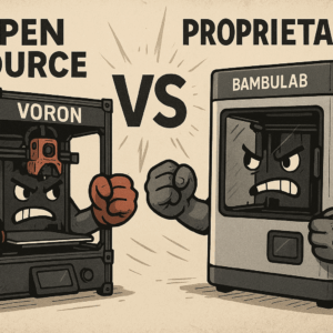 The conflict between opensource and closed source in the 3D printing community, showing a Voron and Bambulab printer boxing each other.