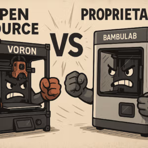 The conflict between opensource and closed source in the 3D printing community, showing a Voron and Bambulab printer boxing each other.