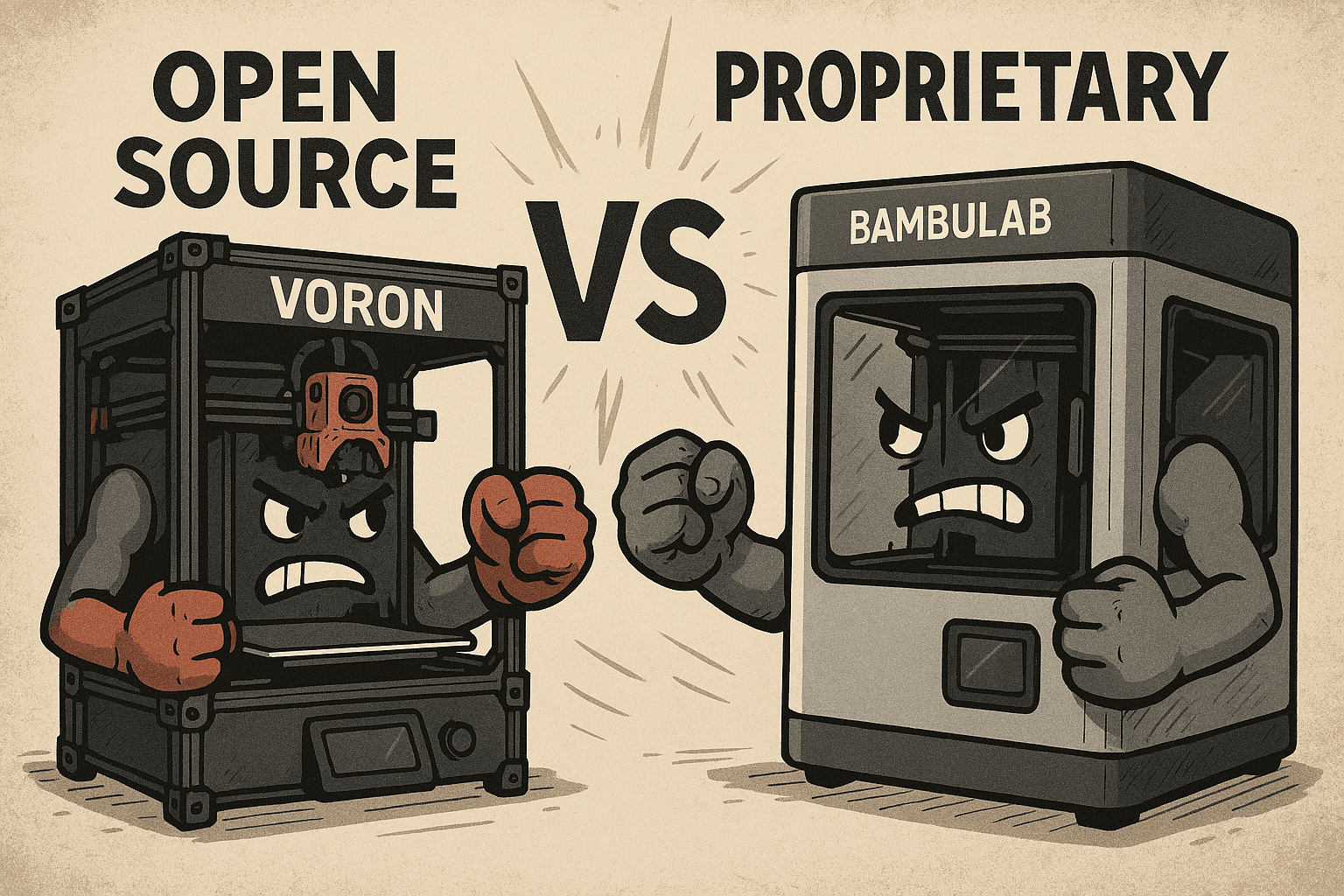 The conflict between opensource and closed source in the 3D printing community, showing a Voron and Bambulab printer boxing each other.