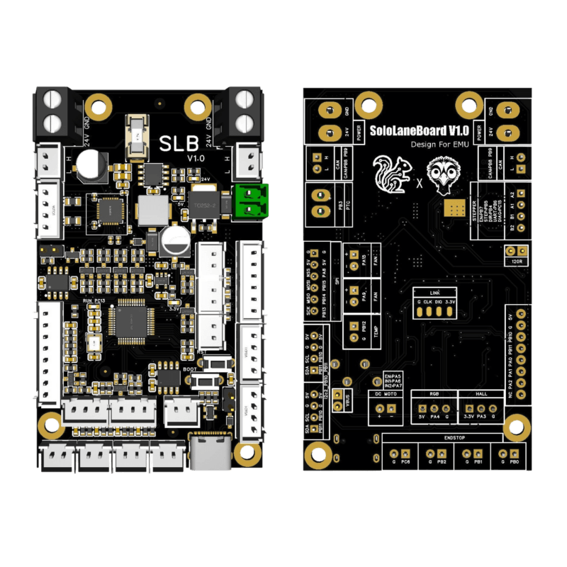 Front and back views of the SoloLaneBoard V1.0 control board designed for EMU, showing component layout and pin labels