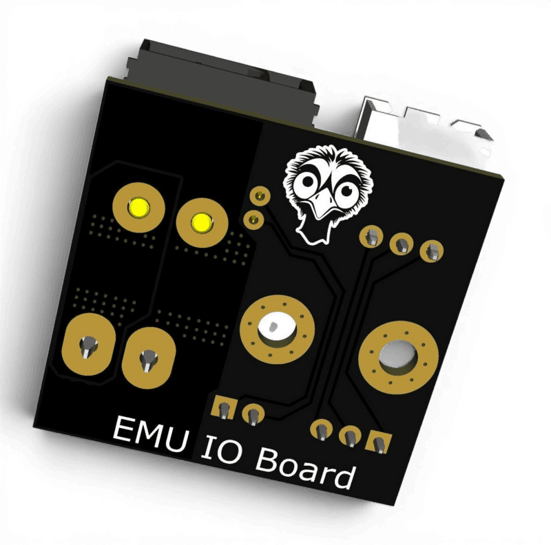 3D render of the EMU IO Board, a black circuit board with gold contact points and an emu logo