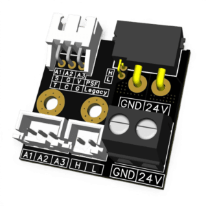 3D render of a circuit board with labelled connectors: A1, A2, A3, H, L, GND, and 24V terminals, plus legacy PSF/VCG pins