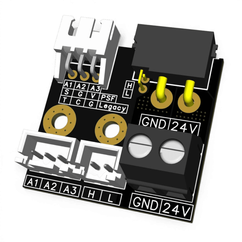 3D render of a circuit board with labelled connectors: A1, A2, A3, H, L, GND, and 24V terminals, plus legacy PSF/VCG pins