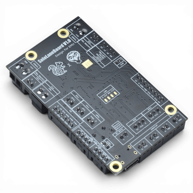 SoloLaneBoard V1.0 microcontroller board designed for EMU, featuring multiple GPIO pins, CAN bus, SPI, I2C, and motor control connectors
