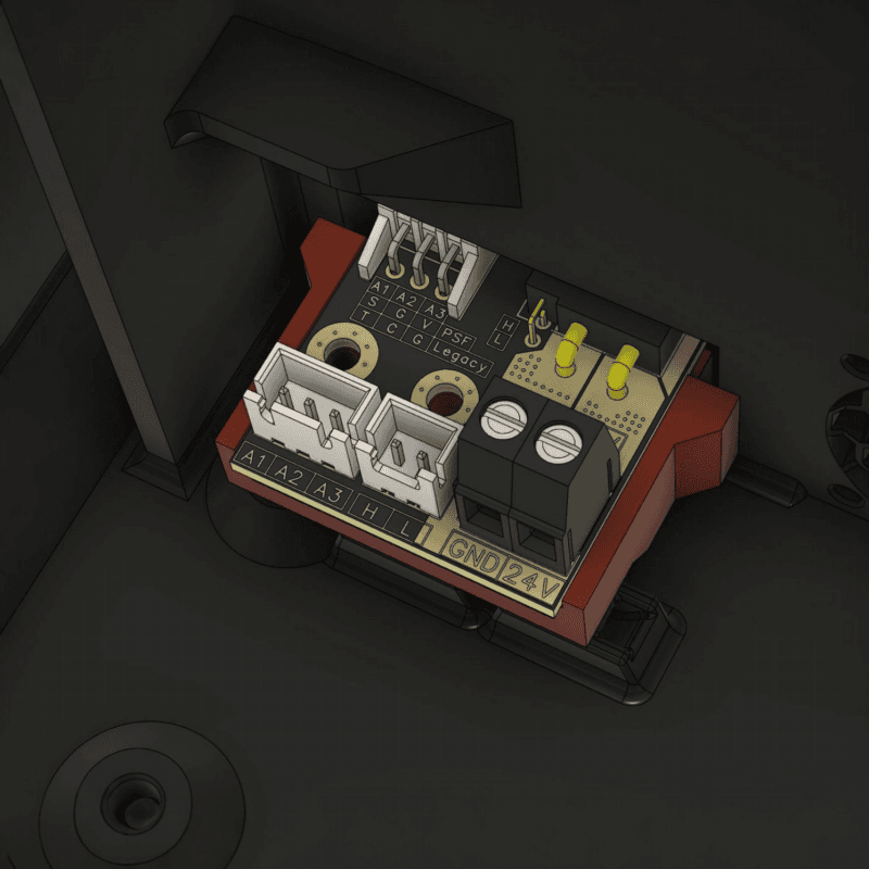 3D illustration of a control board with labelled terminals including A1, A2, A3, H, L, GND, 24V, and PSF Legacy connectors