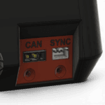 Close-up of a device's connectivity panel showing CAN and SYNC ports