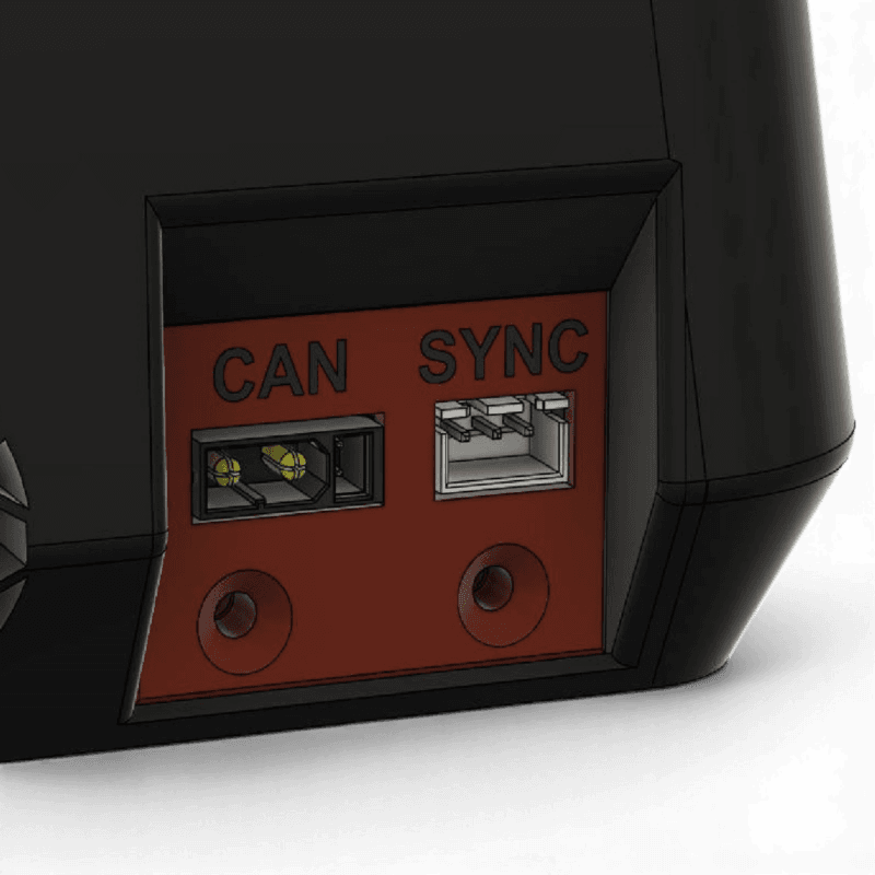 Close-up of a device's connectivity panel showing CAN and SYNC ports