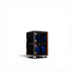 Two-tier storage unit with dark frame, orange corner fittings, and multiple blue filament spools on wheeled feet