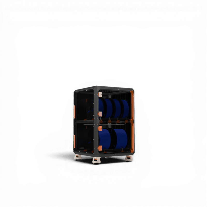 Two-tier storage unit with dark frame, orange corner fittings, and multiple blue filament spools on wheeled feet