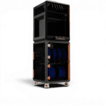 Industrial 3D printer with enclosed print chamber on top and a dual-shelf filament storage unit holding blue spools below