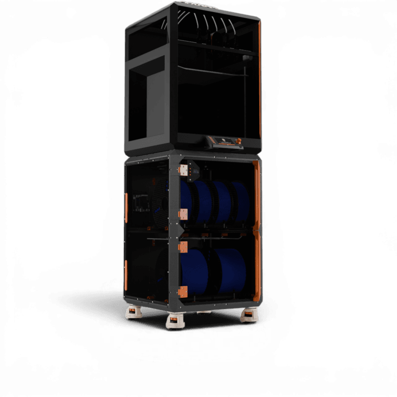 Industrial 3D printer with enclosed print chamber on top and a dual-shelf filament storage unit holding blue spools below
