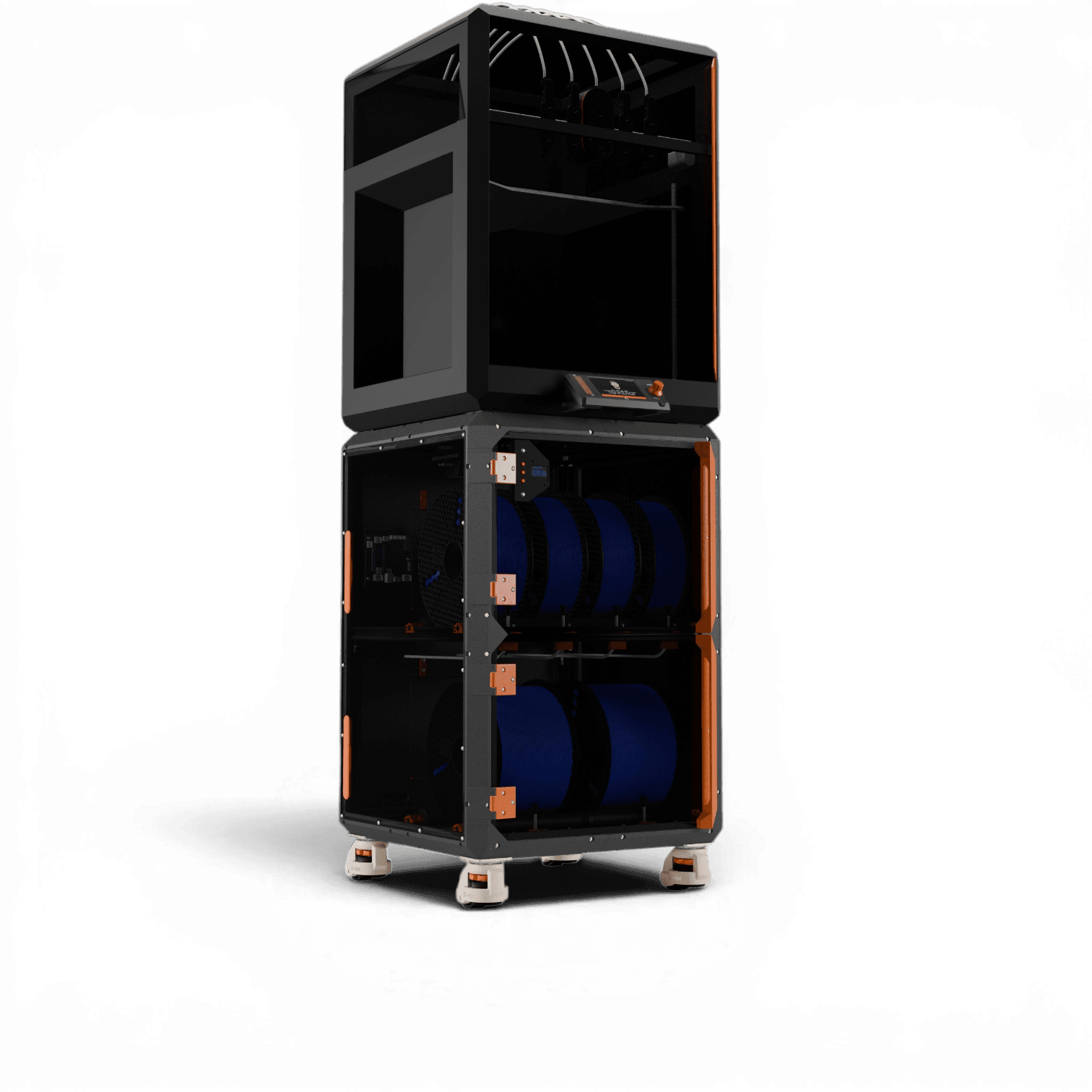 Industrial 3D printer with enclosed print chamber on top and a dual-shelf filament storage unit holding blue spools below