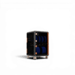Two-tier enclosed storage unit with orange corner fittings, holding multiple blue filament spools on adjustable feet