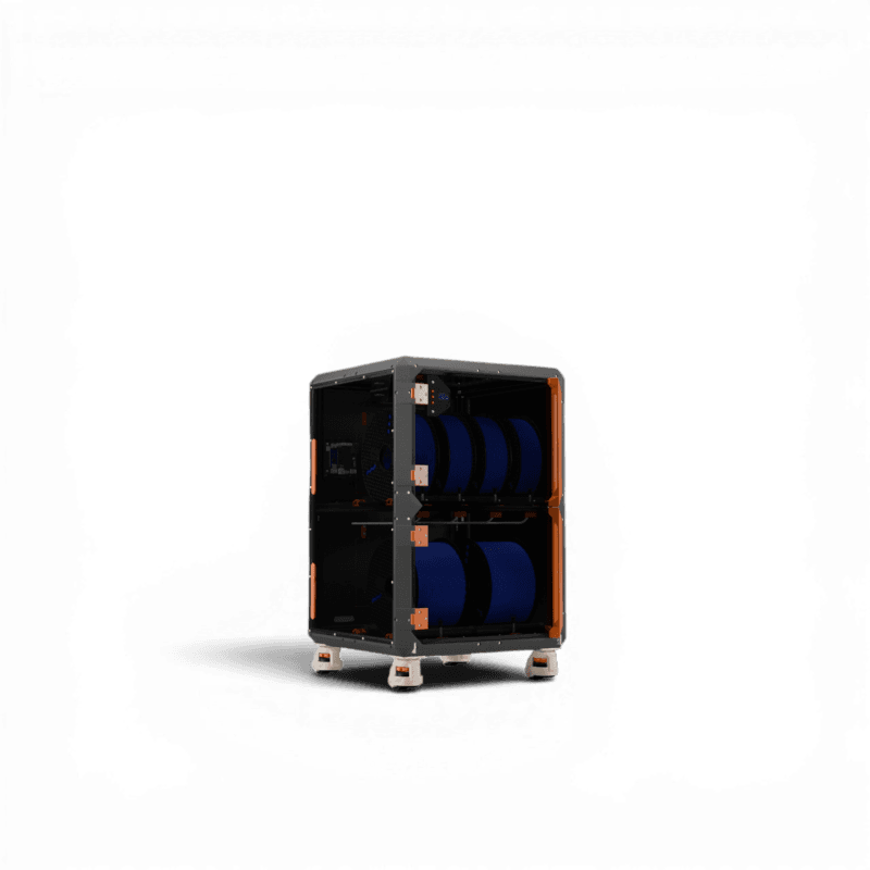 Two-tier enclosed storage unit with orange corner fittings, holding multiple blue filament spools on adjustable feet