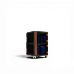 Black and orange enclosed cabinet unit holding multiple blue filament spools across two compartments, on levelling feet