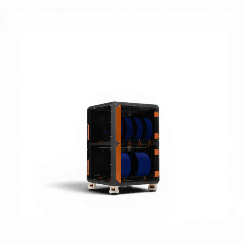 Black and orange enclosed cabinet unit holding multiple blue filament spools across two compartments, on levelling feet