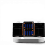 Three-unit 3D printer system with open central module revealing blue filament spools and orange components, mounted on a white base