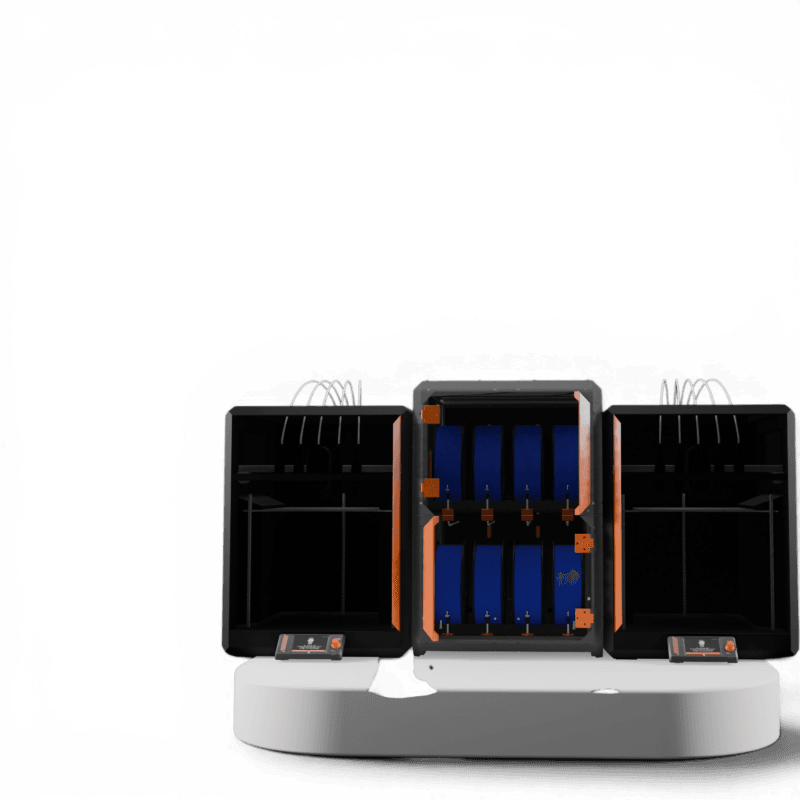 Three-unit 3D printer system with open central module revealing blue filament spools and orange components, mounted on a white base