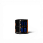 Two-tier filament storage unit with dark frame, orange corner fittings, and multiple blue filament spools loaded across both levels