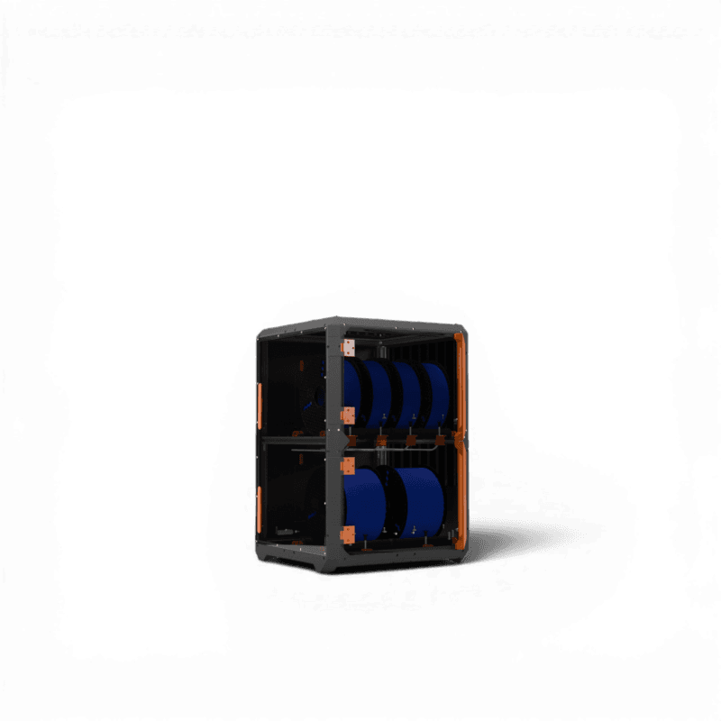 Two-tier filament storage unit with dark frame, orange corner fittings, and multiple blue filament spools loaded across both levels