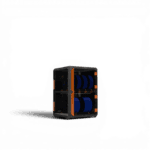 Enclosed filament storage unit with two compartments, each holding three blue spools, with orange accent fittings and dark frame