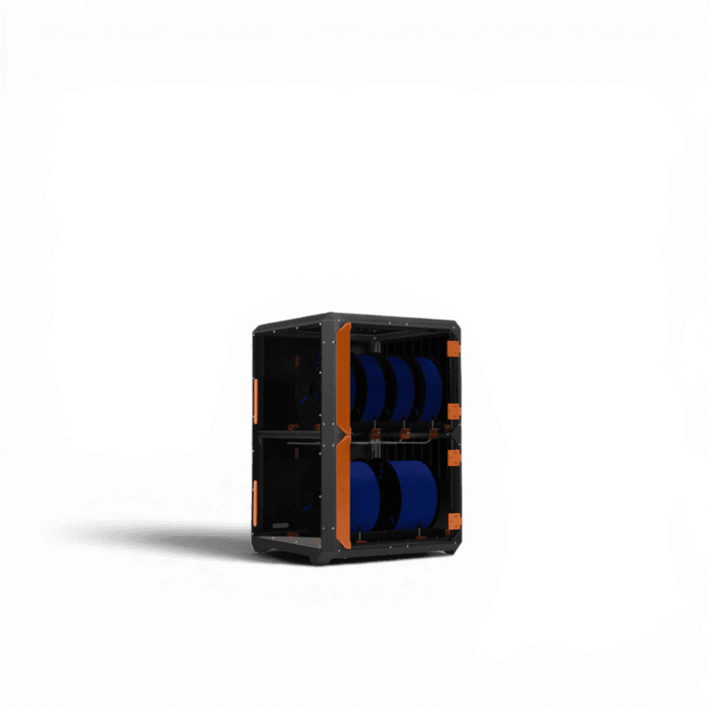 Enclosed filament storage unit with two compartments, each holding three blue spools, with orange accent fittings and dark frame