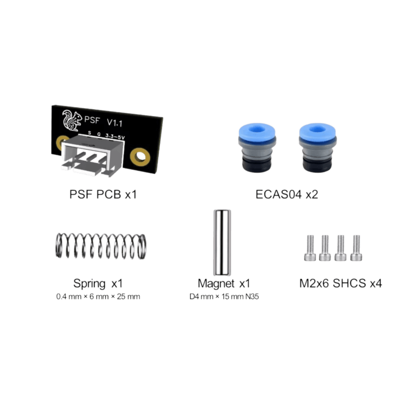 Kit contents: PSF PCB x1, ECAS04 x2, Spring x1 (0.4mm × 6mm × 25mm), Magnet x1 (D4mm × 15mm N35), M2x6 SHCS x4