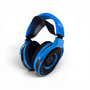Satyr4 DIY Over-ear headphones with a blue frame, black ear cushions, and an open-back grille design