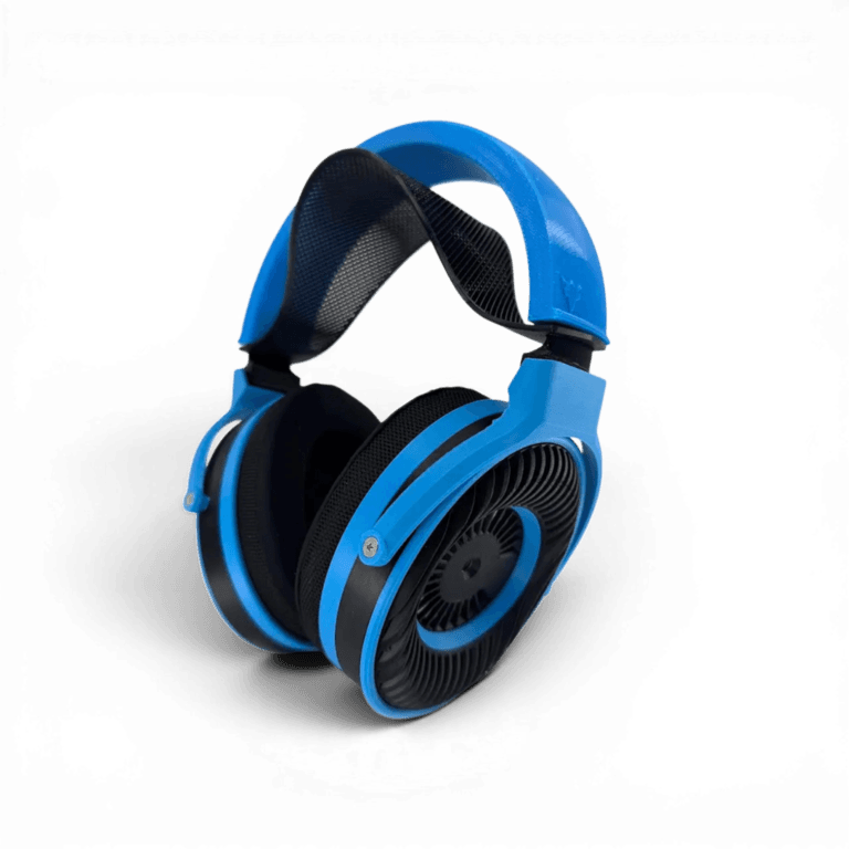 Satyr4 DIY Over-ear headphones with a blue frame, black ear cushions, and an open-back grille design