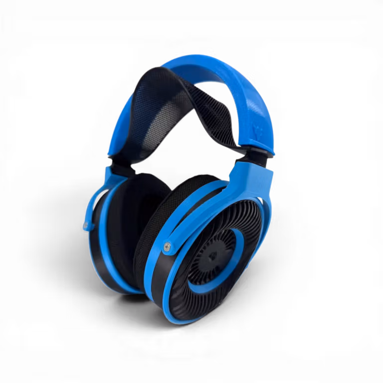 Satyr4 DIY Over-ear headphones with a blue frame, black ear cushions, and an open-back grille design