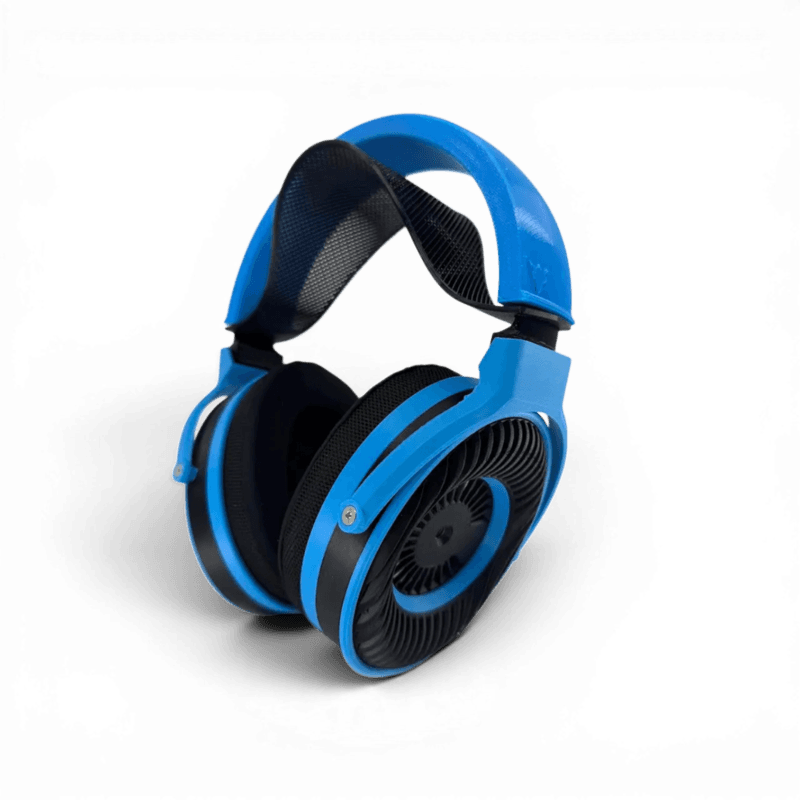 Satyr4_1 Satyr4 DIY Over-ear headphones with a blue frame, black ear cushions, and an open-back grille design