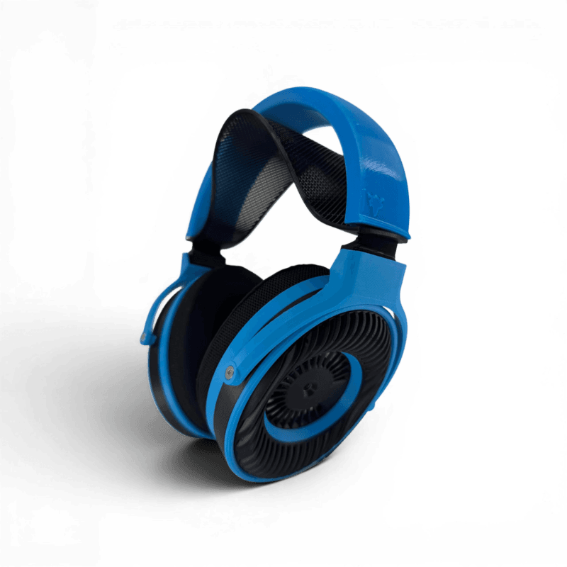 Satyr4 DIY ver-ear headphones with a blue headband and black ear cups featuring an open-back driver design