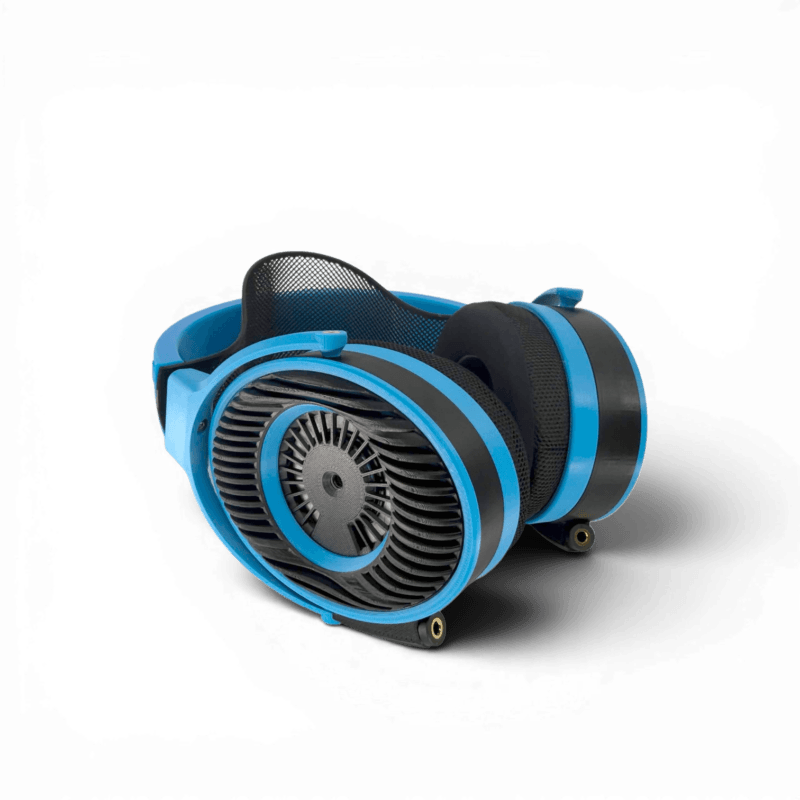 Satyr4 DIY Over-ear headphones with blue and black open-back design, featuring an exposed turbine-style driver on the ear cup