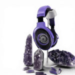 Satyr4_4 Satyr4 DIY Purple over-ear headphones on a stand, surrounded by amethyst crystals of various sizes