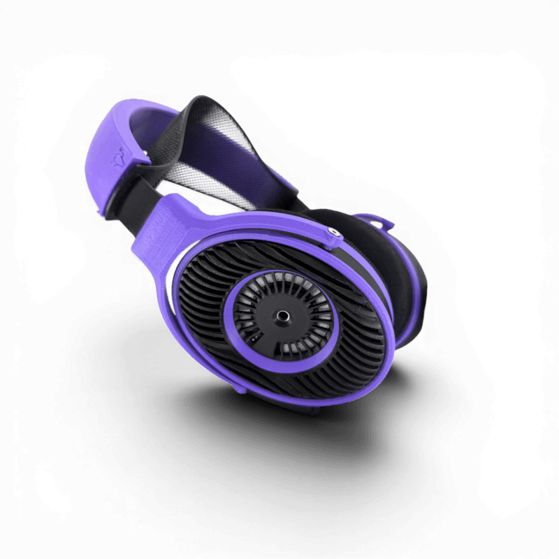 Satyr4 DIY Over-ear headphones with purple frames, black open-back grille with a turbine-style pattern, and a carbon fibre headband