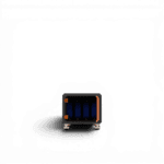 Compact black and orange wheeled storage unit with open front revealing four blue vertical dividers, viewed from the front