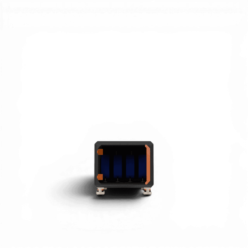 Compact black and orange wheeled storage unit with open front revealing four blue vertical dividers, viewed from the front