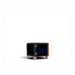 Dark open-frame storage unit with orange corner fittings holding multiple blue filament spools, on adjustable feet