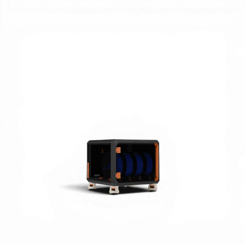 Dark open-frame storage unit with orange corner fittings holding multiple blue filament spools, on adjustable feet