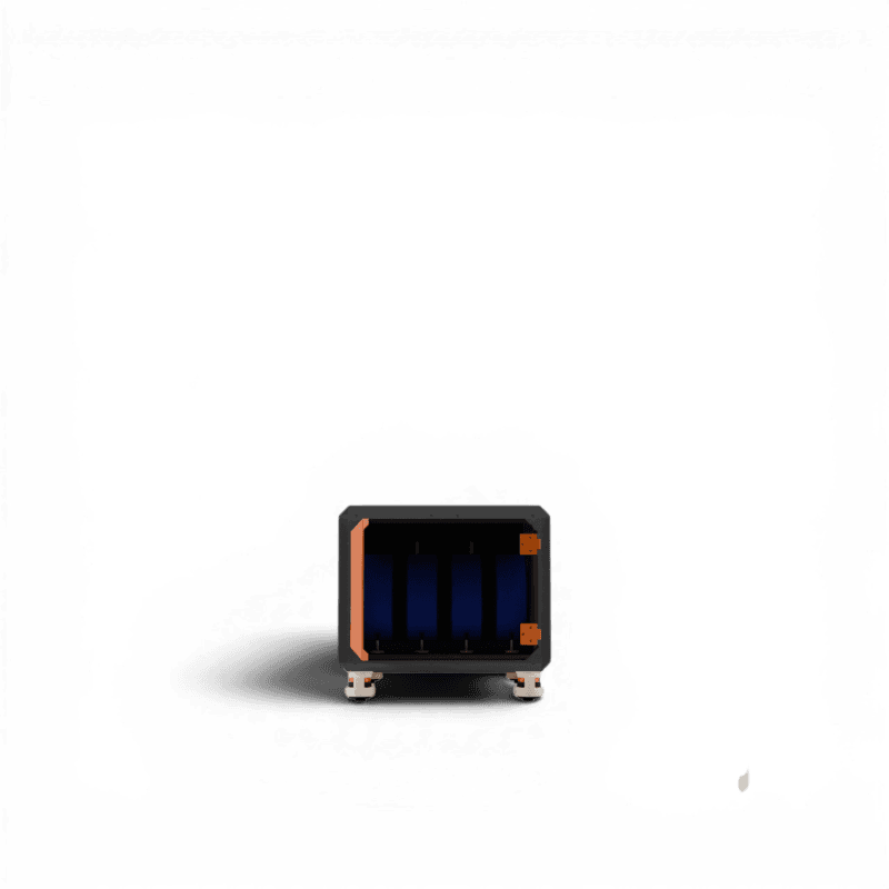 Compact black filament storage unit with orange corner brackets and four blue filament spools, viewed from the front