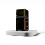 3D printer with an upper filament storage unit holding green spools and a lower enclosed print chamber, in black and orange