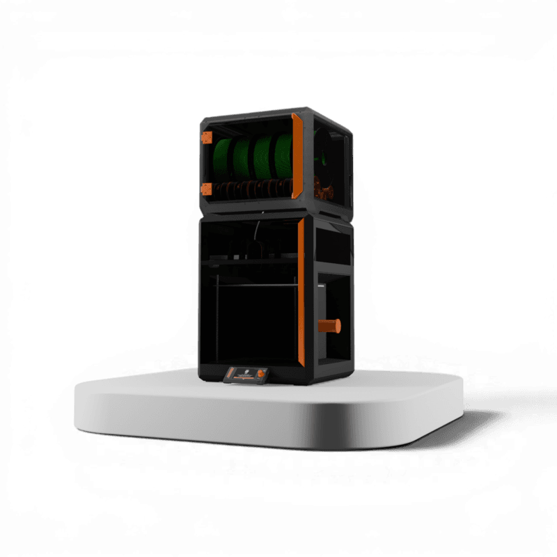 3D printer with an upper filament storage unit holding green spools and a lower enclosed print chamber, in black and orange