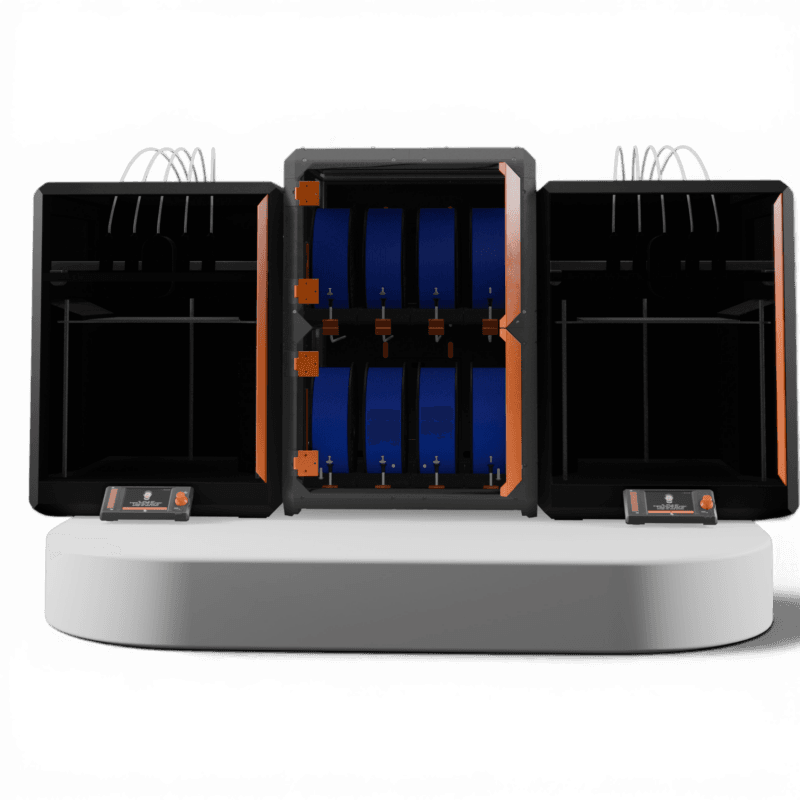 Two 3D printers arranged together, with a central filament storage unit open showing multiple blue filament spools