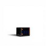 Black and orange filament storage unit holding multiple blue filament spools, open-front design
