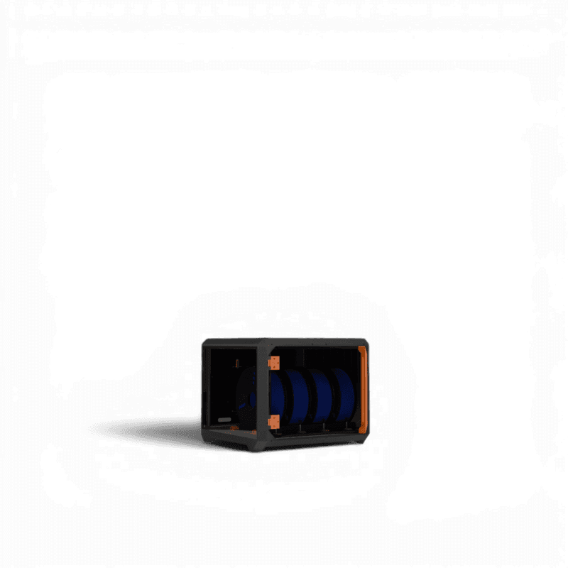 Black and orange filament storage unit holding multiple blue filament spools, open-front design
