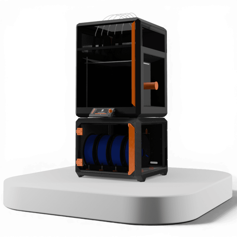 3D printer with black and orange frame, featuring a print chamber on top and a filament storage unit below holding blue spools