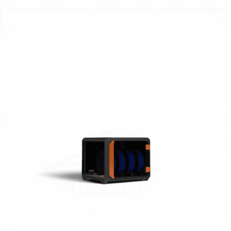 Black and orange filament storage unit holding multiple blue 3D printing filament spools