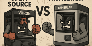 The conflict between opensource and closed source in the 3D printing community, showing a Voron and Bambulab printer boxing each other.